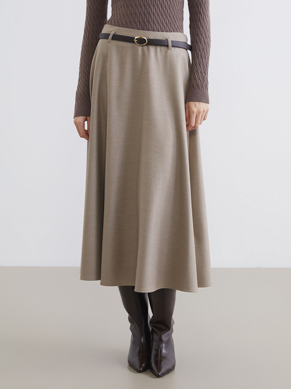 Bej Beli Kemerli Kloş Etek-1