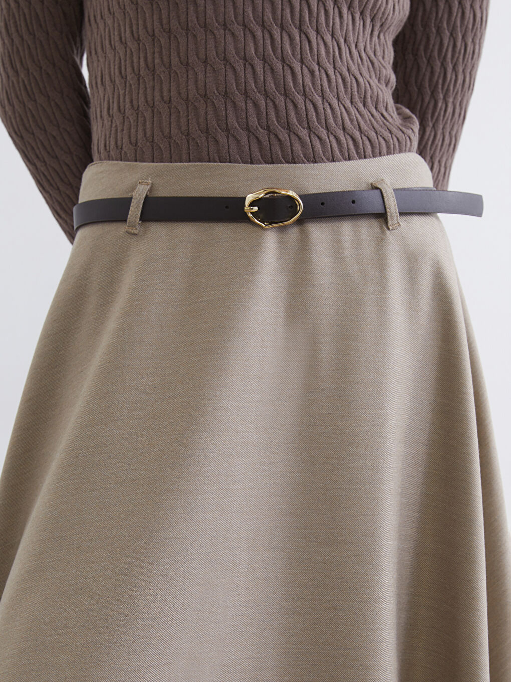 Bej Beli Kemerli Kloş Etek-2