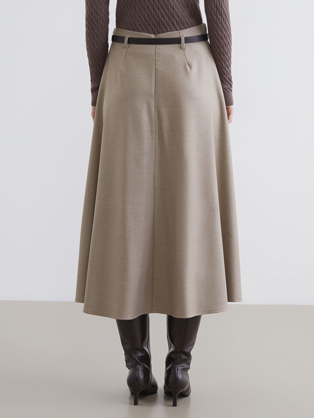 Bej Beli Kemerli Kloş Etek-3