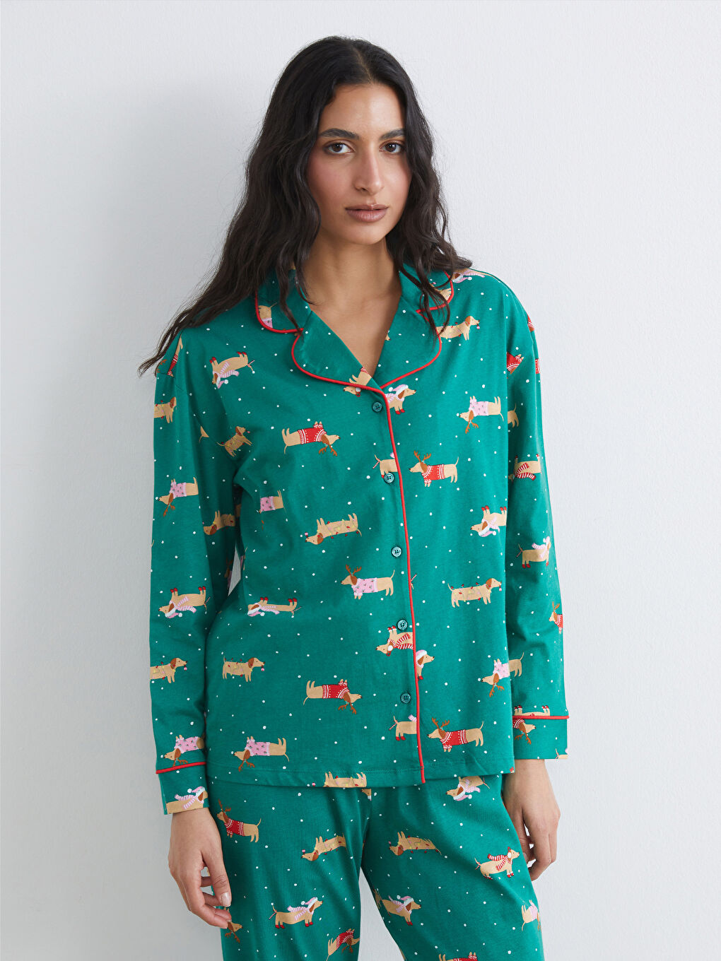 Yeşil Gömlek Yaka Yılbaşı Temalı Kadın Pijama Takım-1