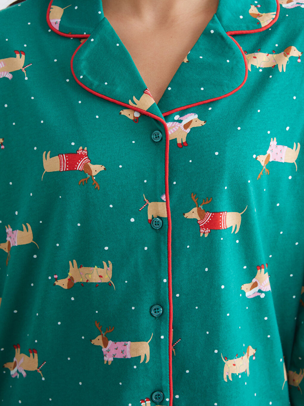 Yeşil Gömlek Yaka Yılbaşı Temalı Kadın Pijama Takım-2