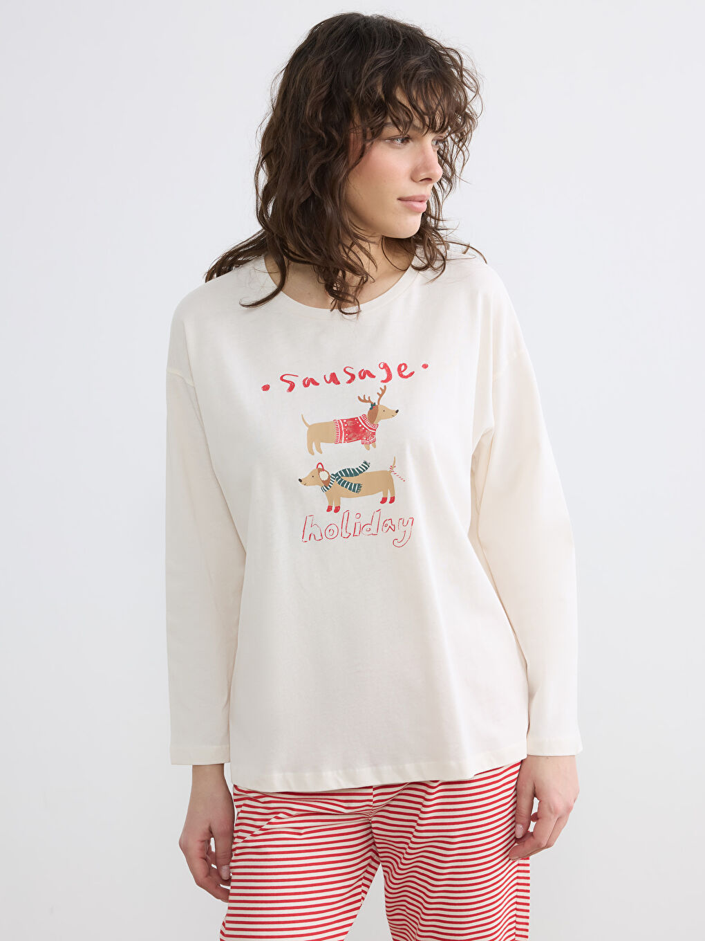 Kırmızı Bisiklet Yaka Yılbaşı Temalı Kadın Pijama Takım