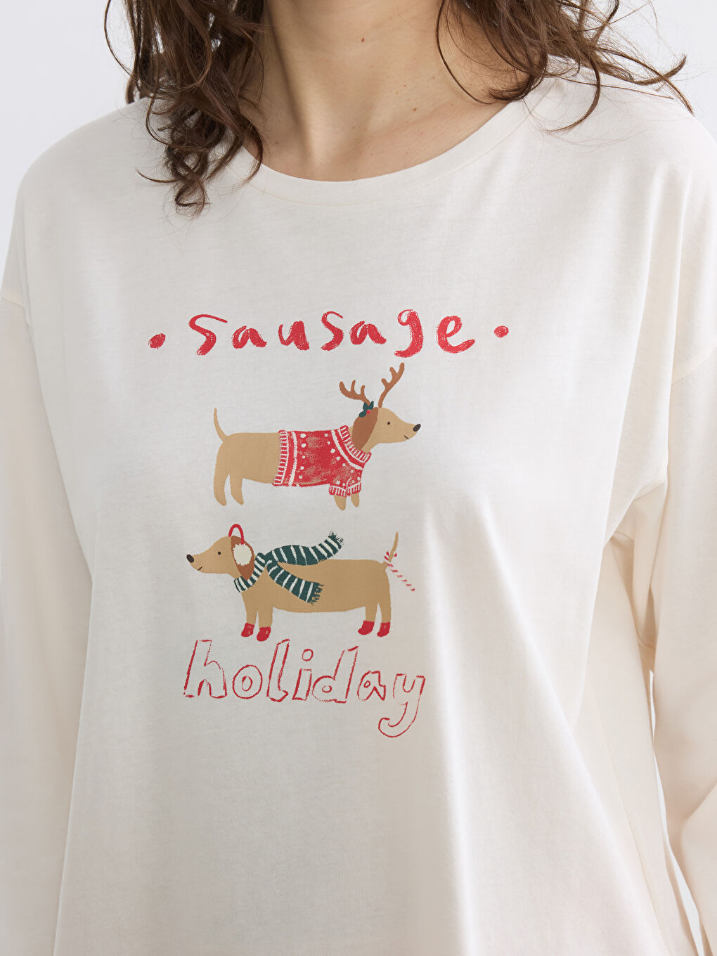 Kırmızı Bisiklet Yaka Yılbaşı Temalı Kadın Pijama Takım-2