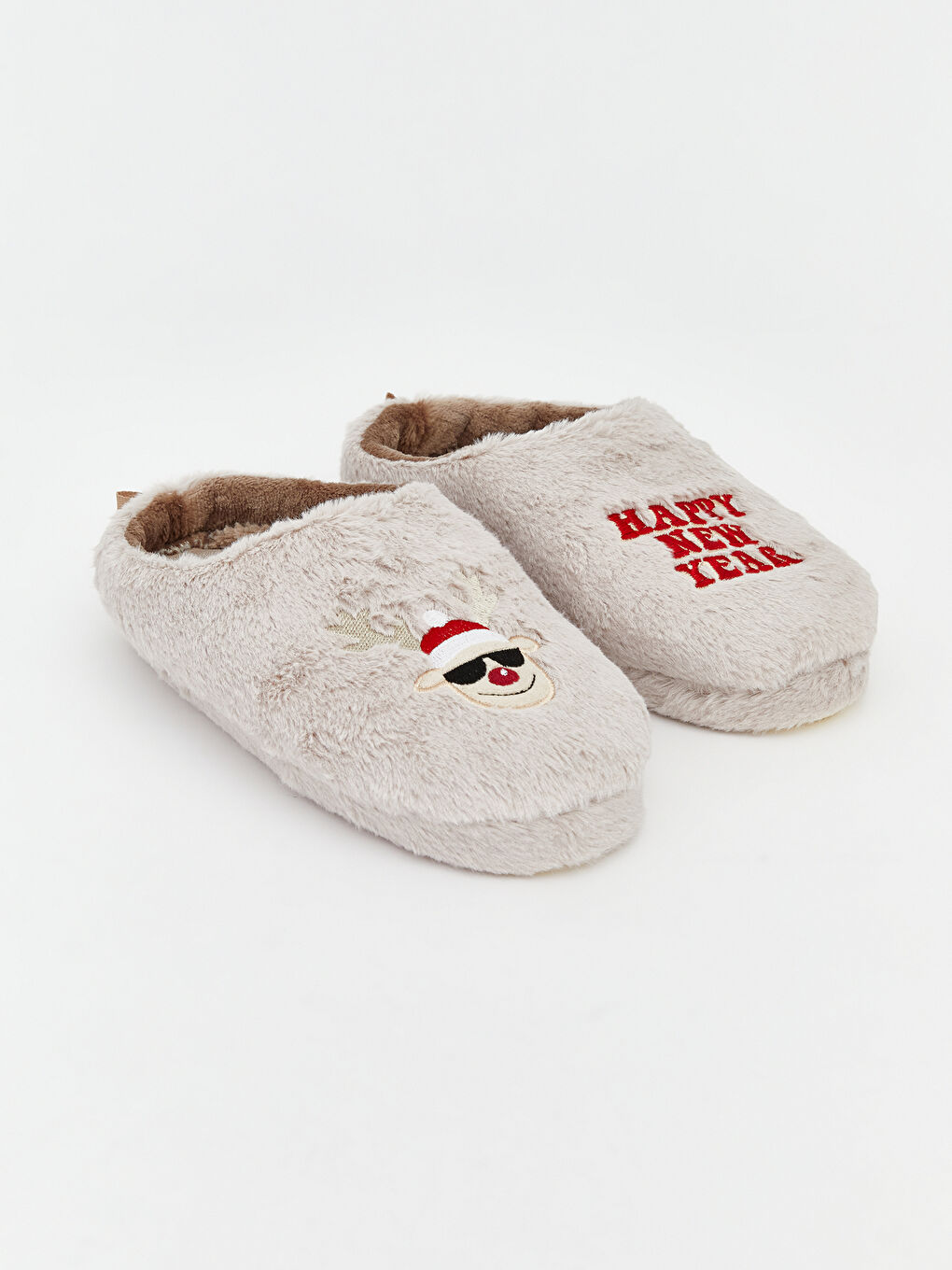 Bej Yılbaşı Temalı Pelüş Erkek Çocuk Ev Terliği