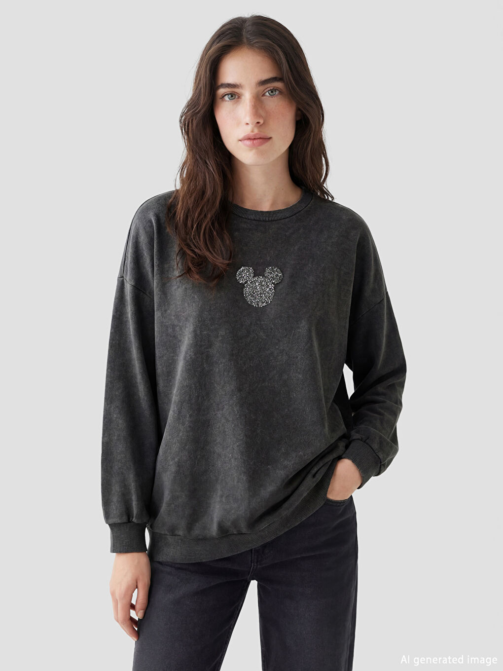 Antrasit Mickey Mouse İşlemeli Kadın Kalın Sweatshirt Tunik