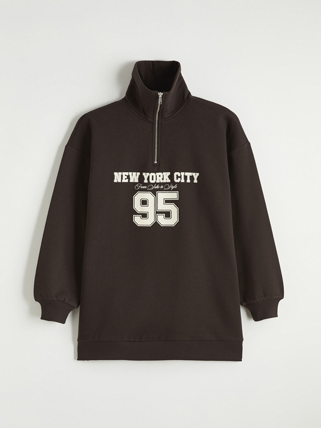 Kahverengi New York Baskılı Kadın Kalın Sweatshirt Tunik