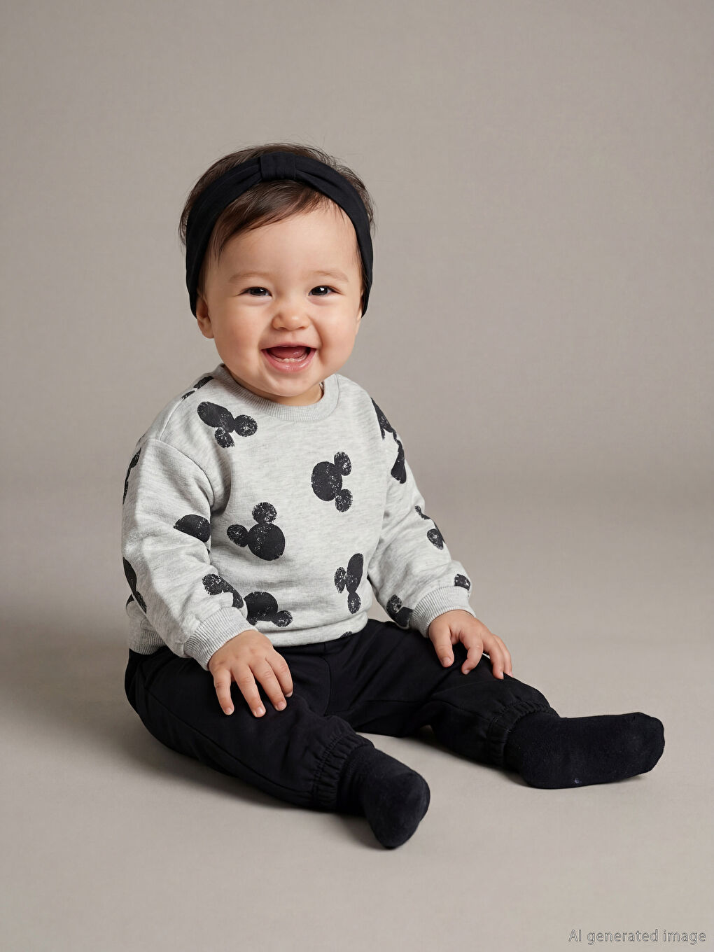 Gri Minnie Mouse Baskılı Erkek Bebek Sweatshirt ve Eşofman Altı