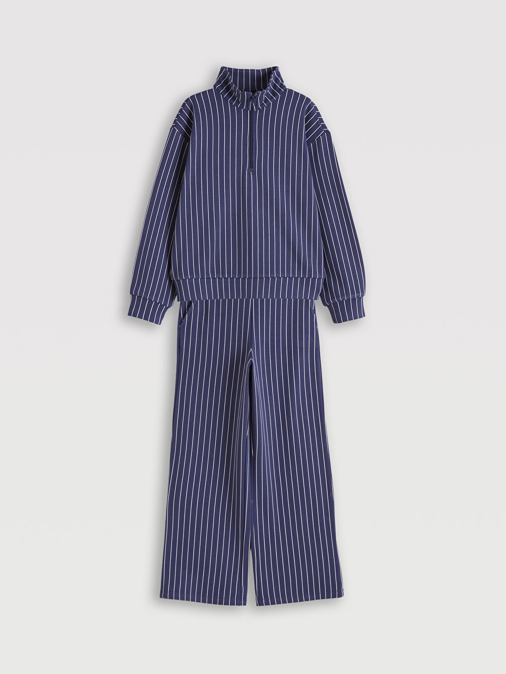 Lacivert Dik Yaka Çizgili Kız Çocuk Sweatshirt ve Pantolon