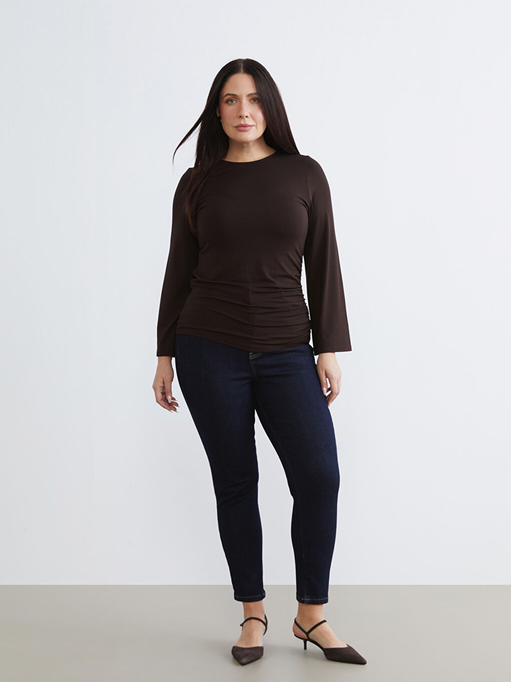 Kahverengi Büyük Beden Bisiklet Yaka Büzgülü Body-5