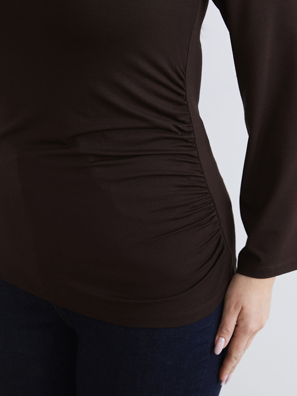 Kahverengi Büyük Beden Bisiklet Yaka Büzgülü Body-6