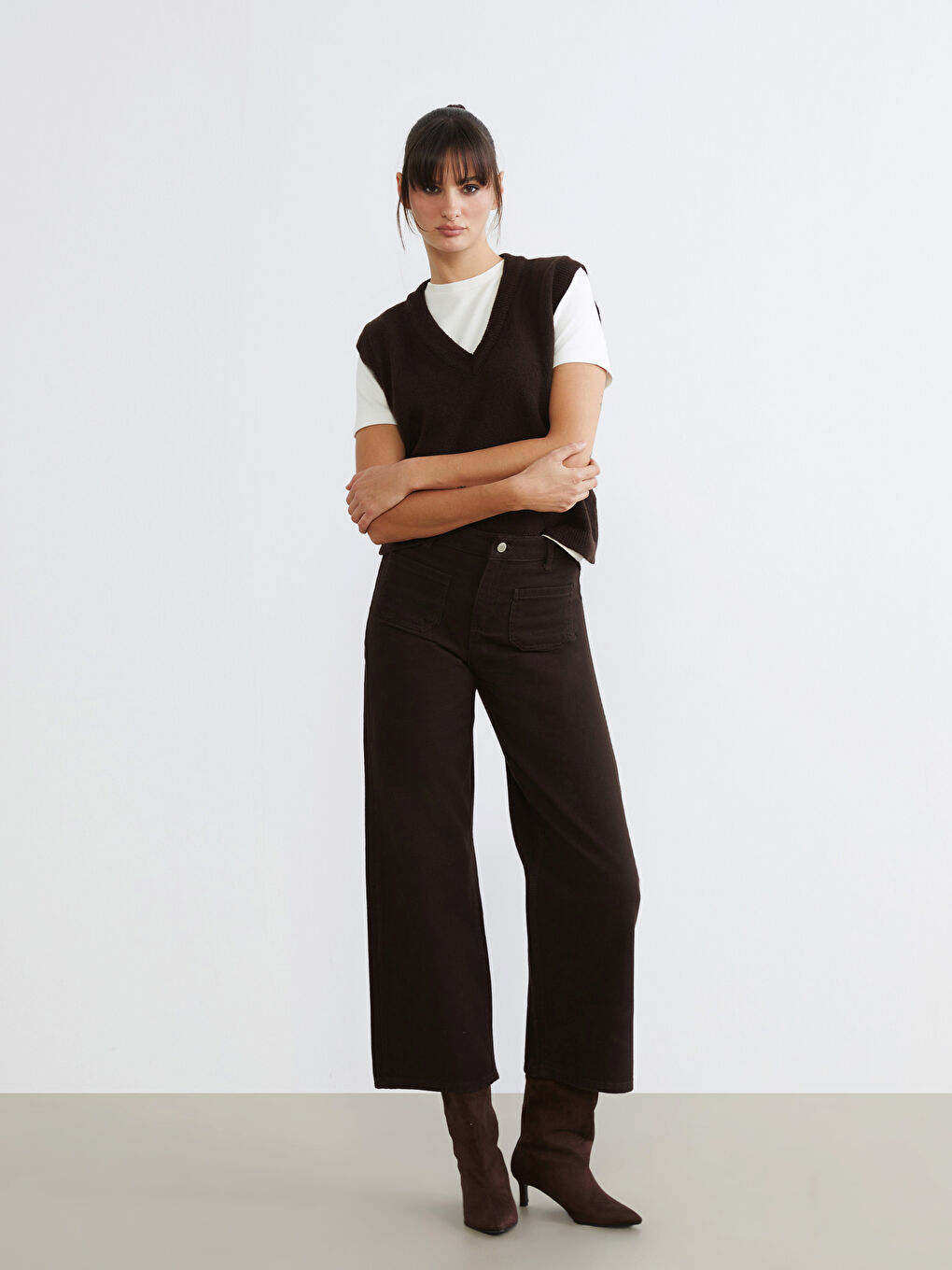 Kahverengi Wideleg Kadın Jean Pantolon