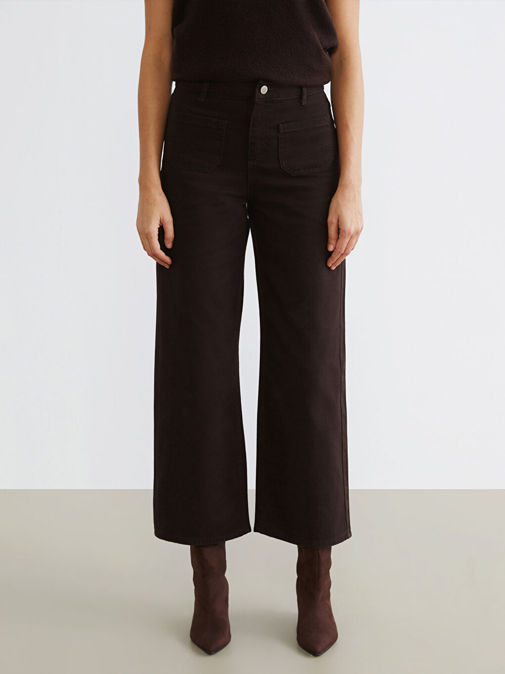 Kahverengi Wideleg Kadın Jean Pantolon-1
