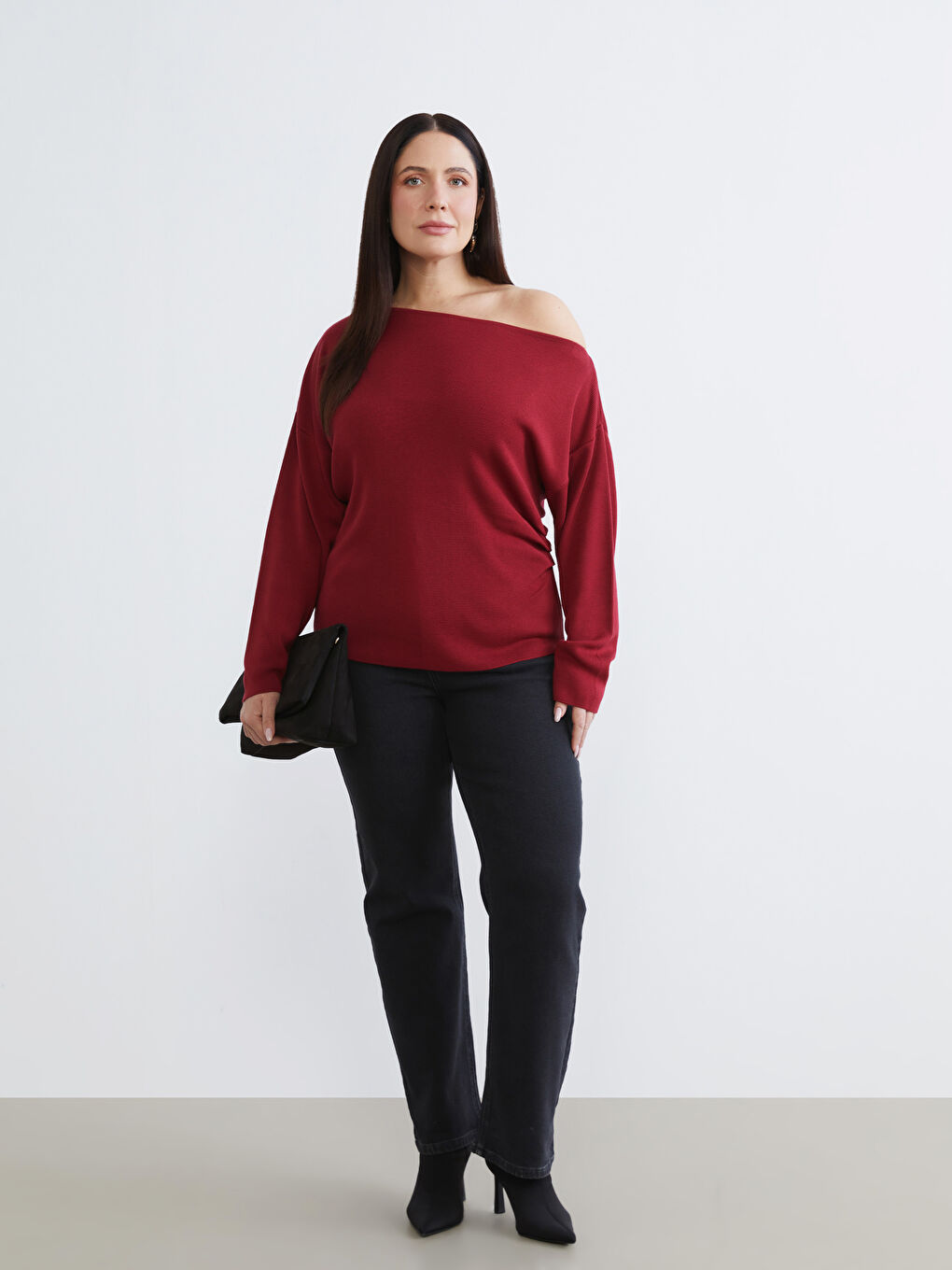 Kırmızı Büyük Beden Kayık Yaka Büzgülü Kadın Triko Kazak-2