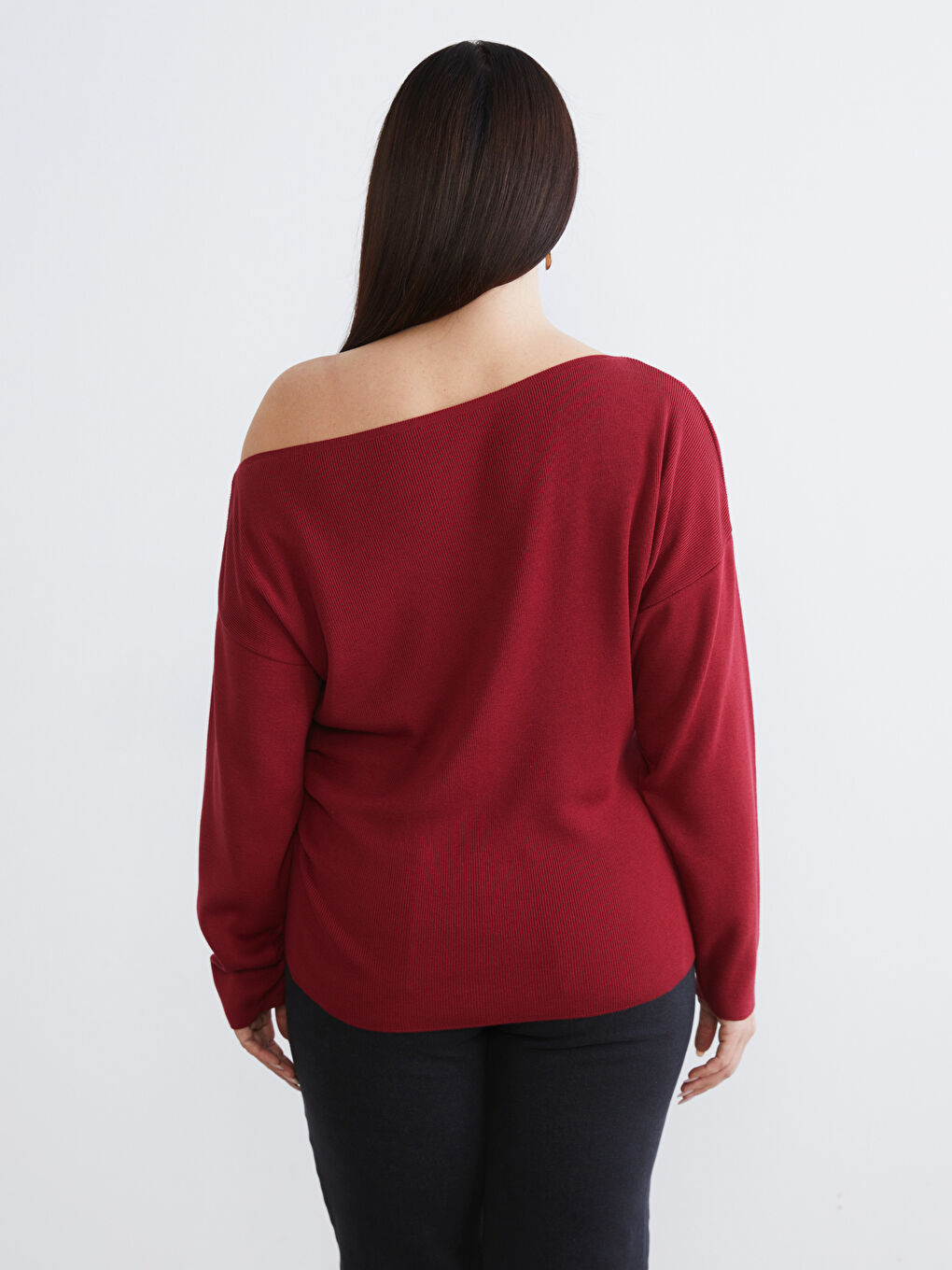 Kırmızı Büyük Beden Kayık Yaka Büzgülü Kadın Triko Kazak-5