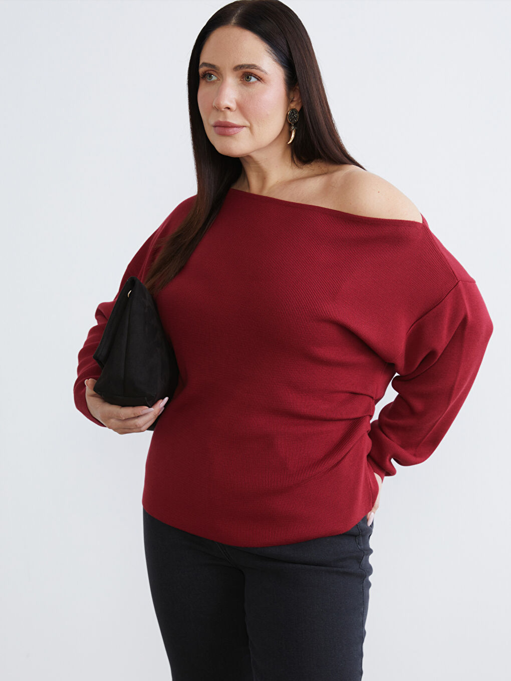 Kırmızı Büyük Beden Kayık Yaka Büzgülü Kadın Triko Kazak-1