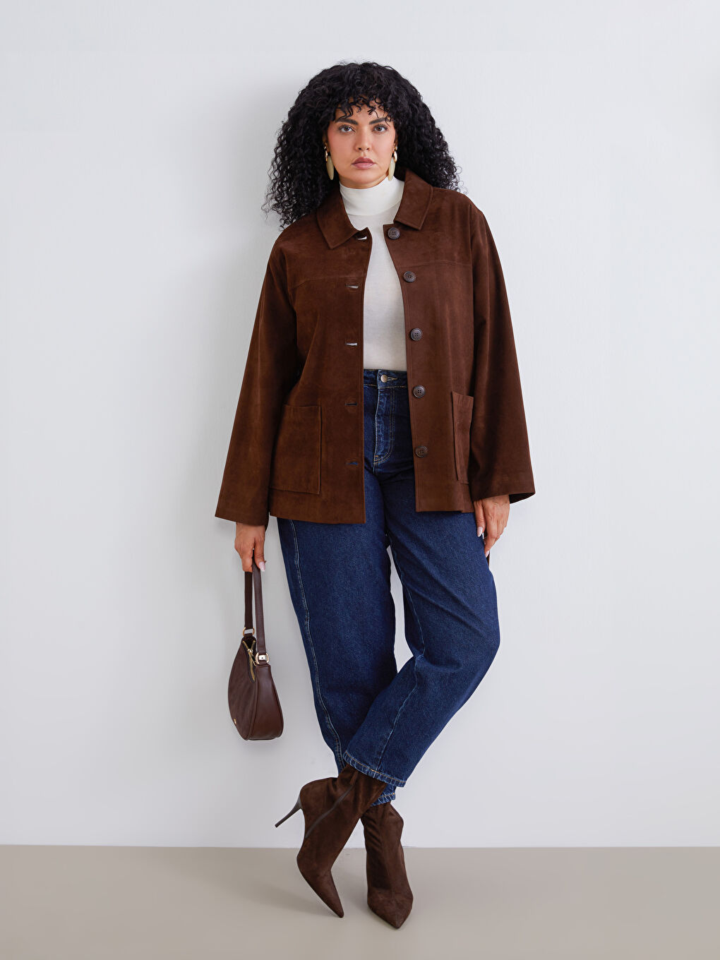 Kahverengi Büyük Beden Oversize Kadın Gömlek Ceket-1