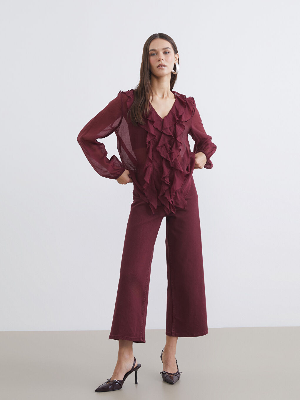 Bordo Wideleg Kadın Jean Pantolon