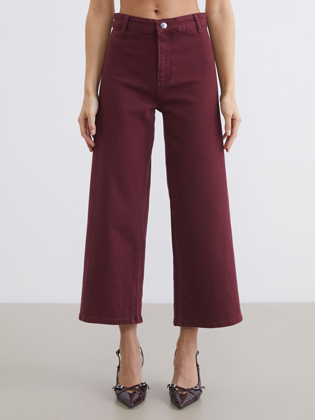 Bordo Wideleg Kadın Jean Pantolon-1