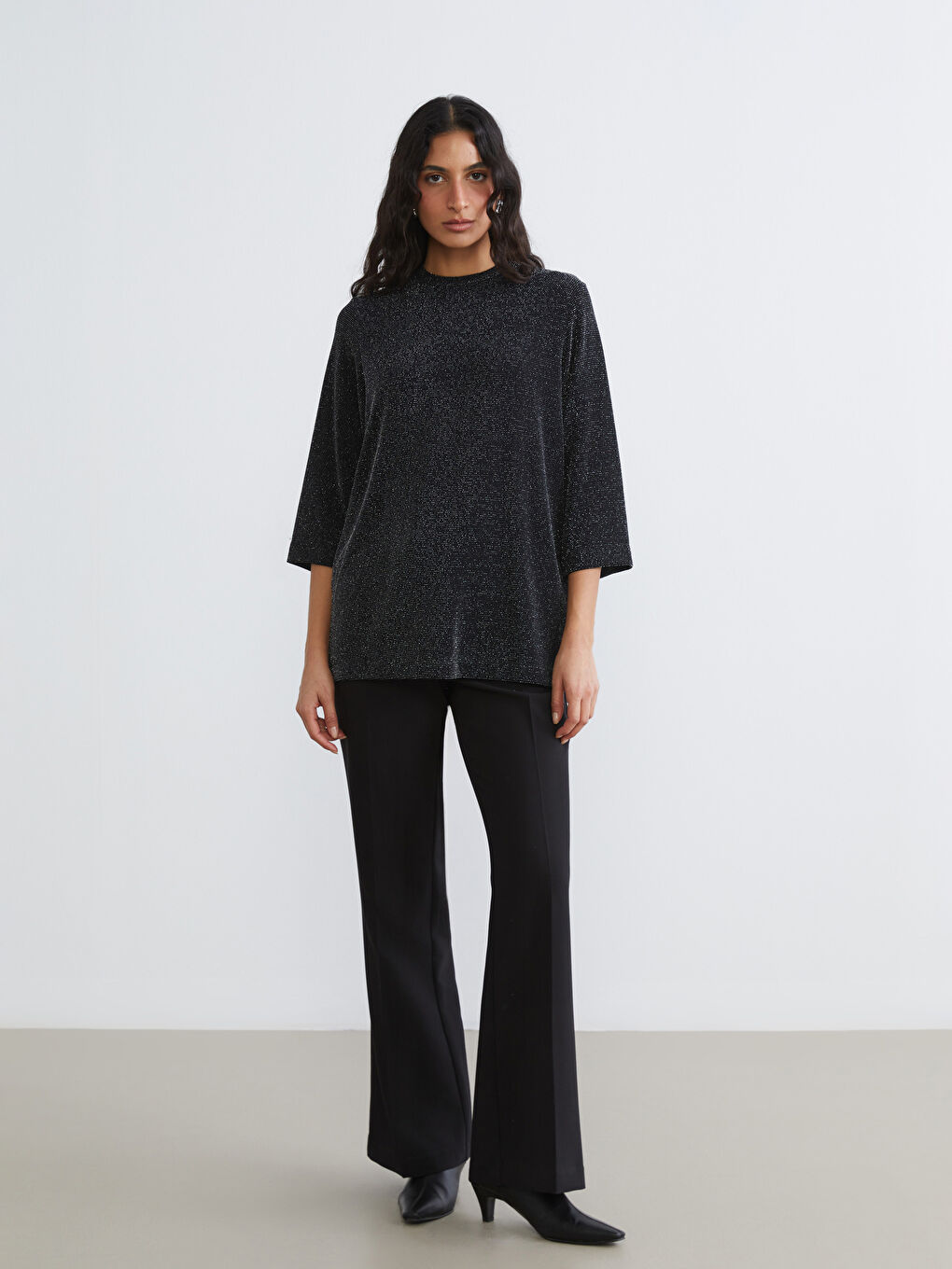 Metalik Bisiklet Yaka Parlak Görünümlü Bluz-1