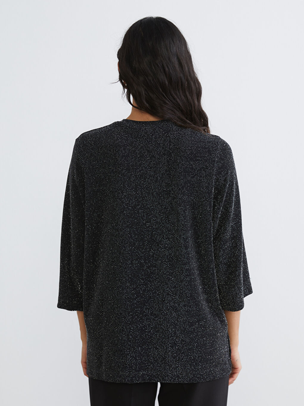 Metalik Bisiklet Yaka Parlak Görünümlü Bluz-3