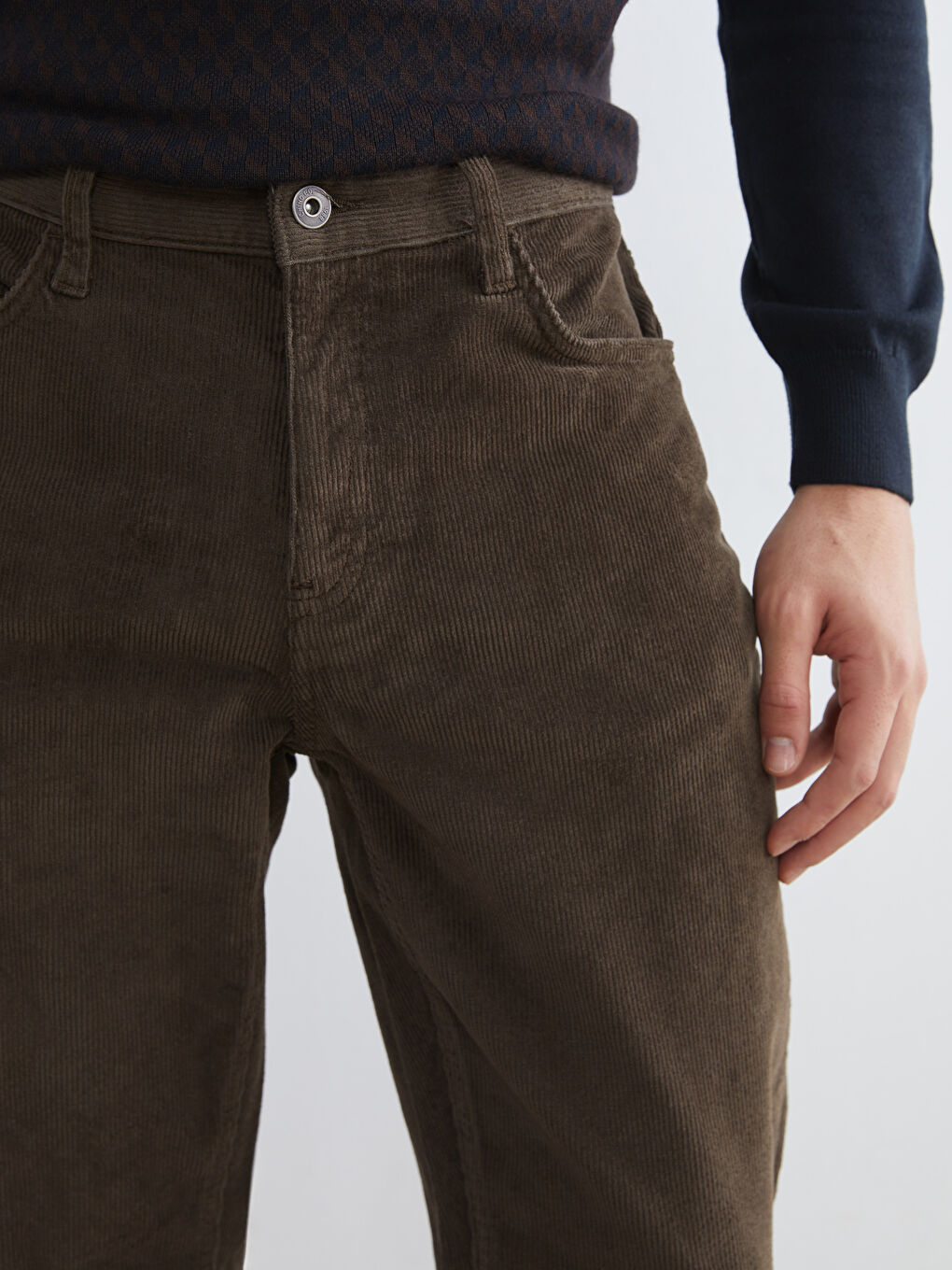 Kahverengi Standart Kalıp Kadife Erkek Pantolon-2