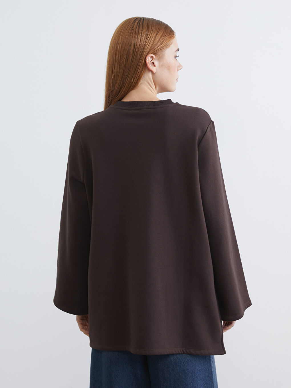 Kahverengi California Baskılı Kadın Kalın Sweatshirt Tunik-3