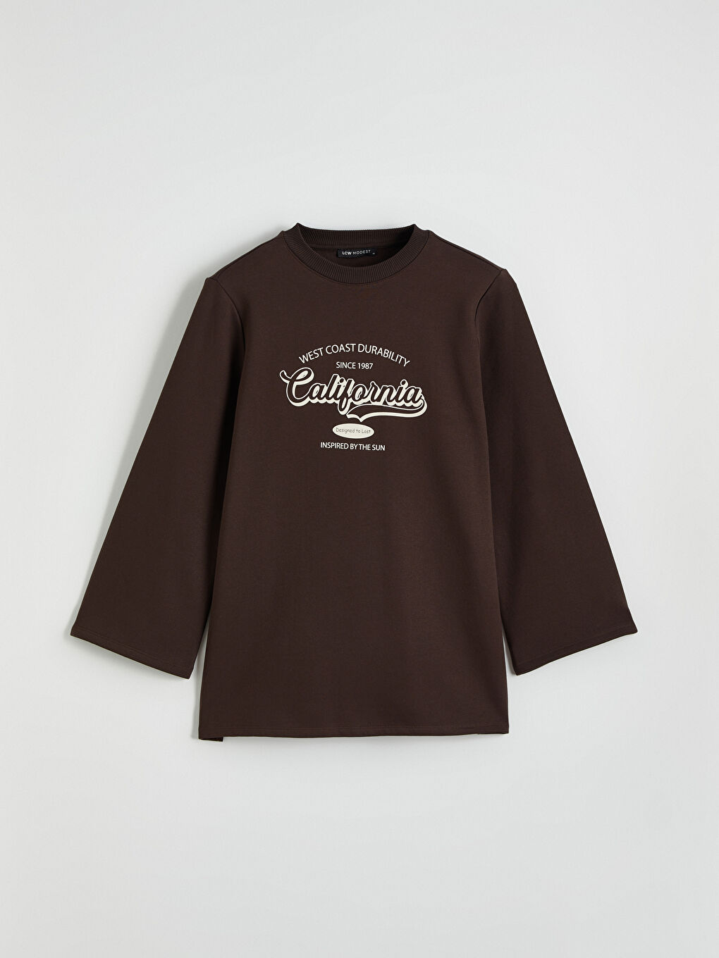 Kahverengi California Baskılı Kadın Kalın Sweatshirt Tunik-4