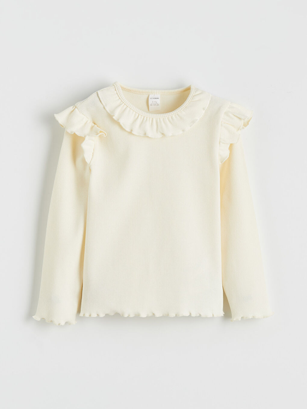 Ekru Yaka ve Omuzları Fırfırlı Kız Bebek Tişört
