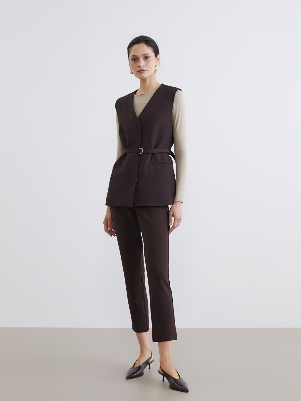 Kahverengi Beli Lastikli Kadın Pantolon