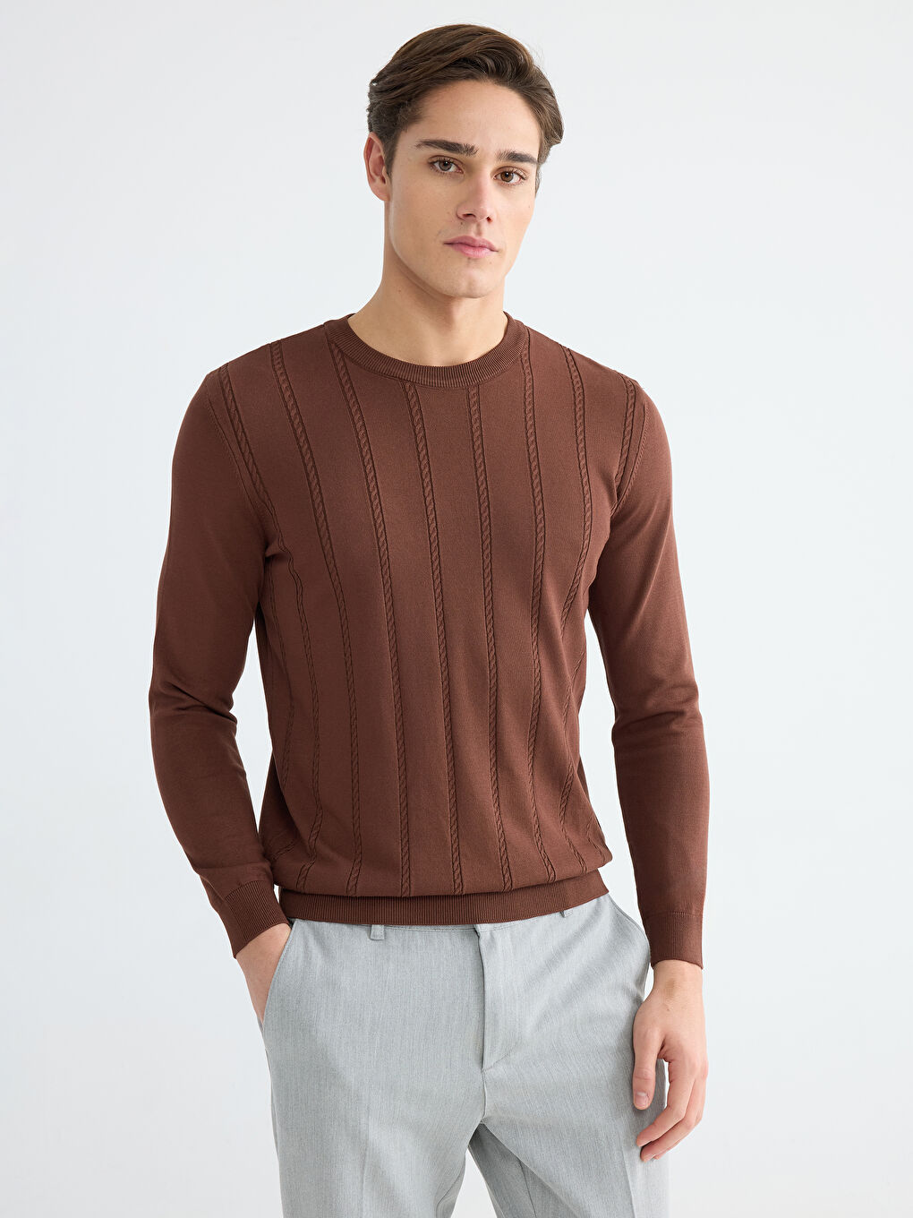 Kahverengi Saç Örgüsü Desenli Bisiklet Yaka Erkek Triko Kazak