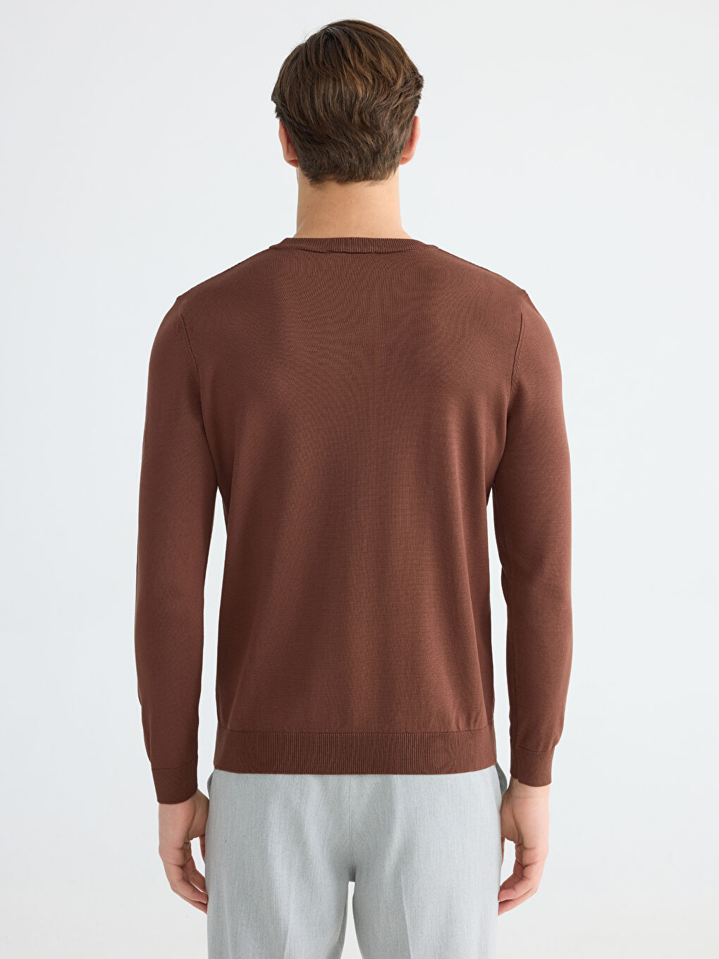 Kahverengi Saç Örgüsü Desenli Bisiklet Yaka Erkek Triko Kazak-3