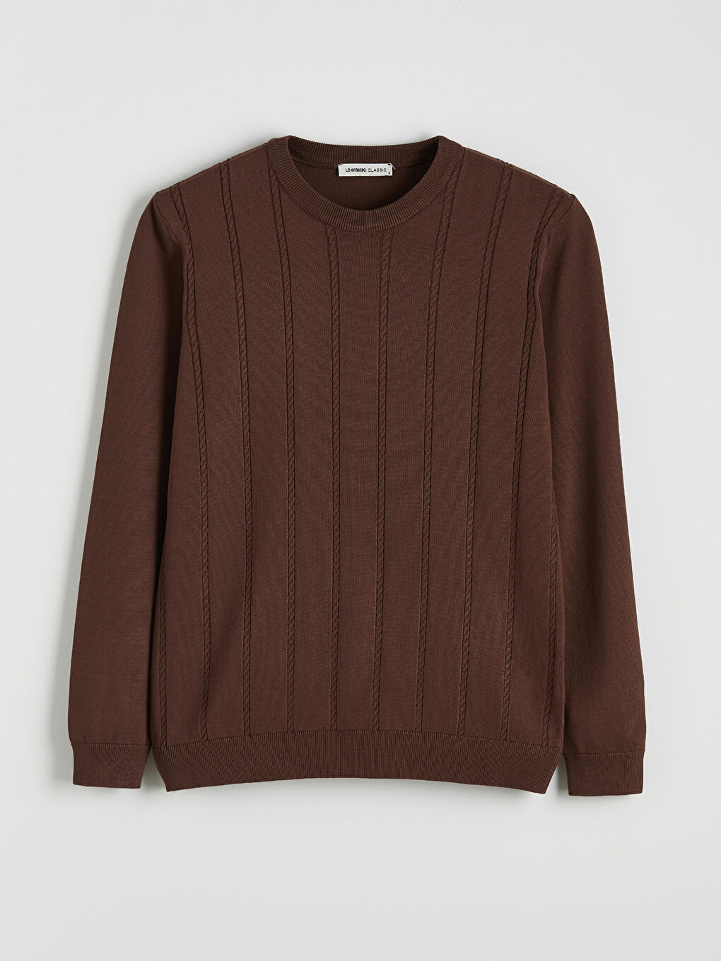 Kahverengi Saç Örgüsü Desenli Bisiklet Yaka Erkek Triko Kazak-4