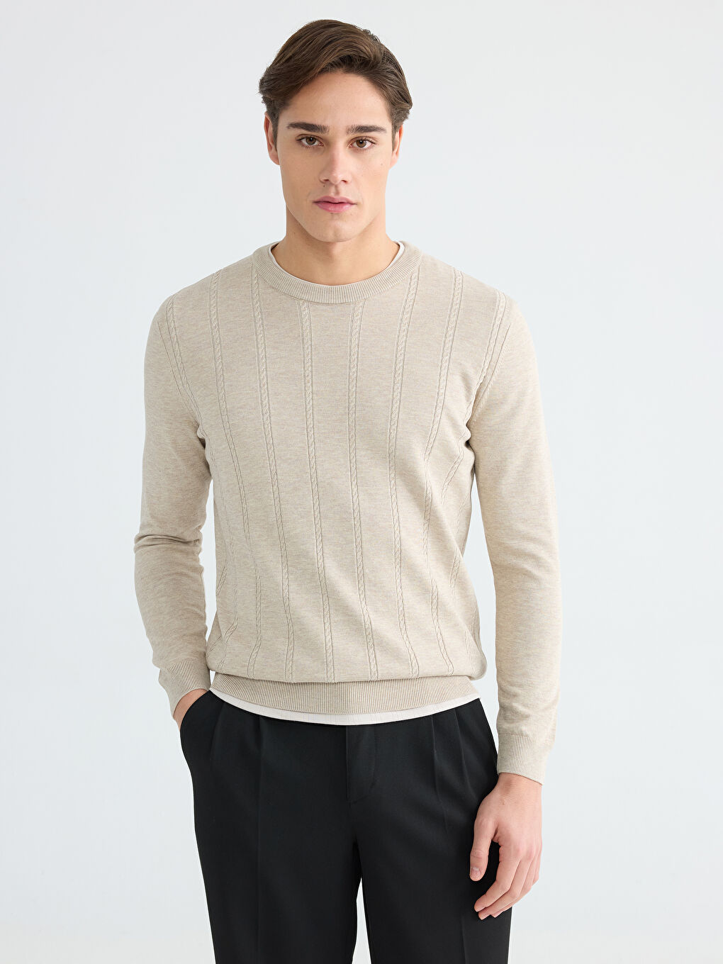 Bej Standart Kalıp Dokulu Erkek Triko Kazak