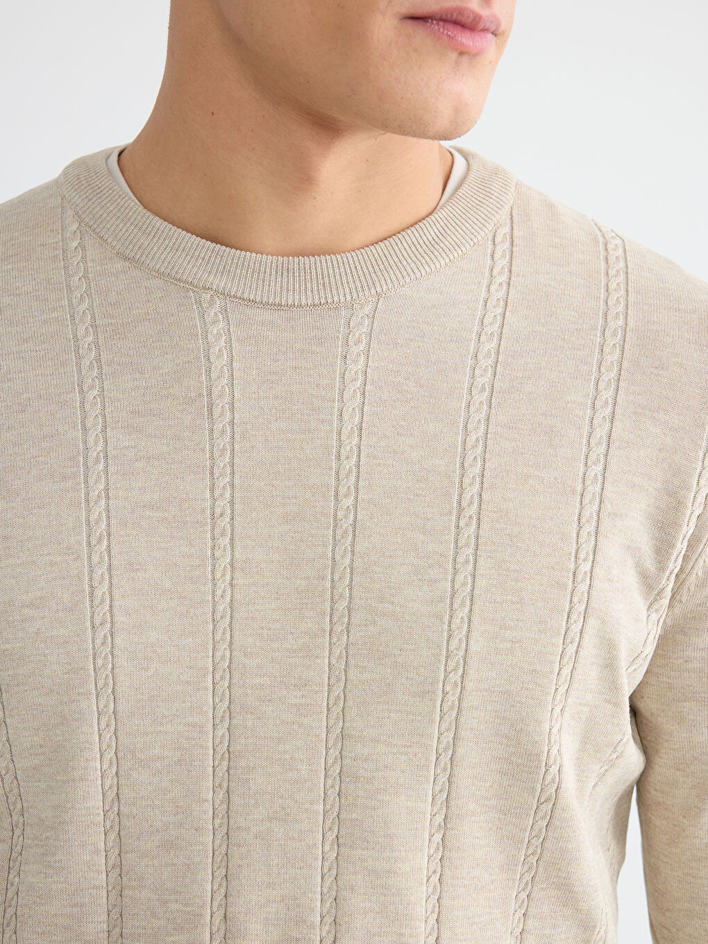 Bej Standart Kalıp Dokulu Erkek Triko Kazak-2