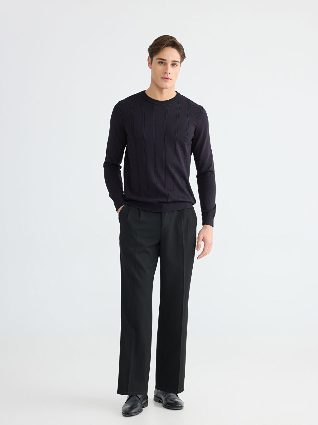 Lacivert Standart Kalıp Triko Erkek Dokulu Kazak-1