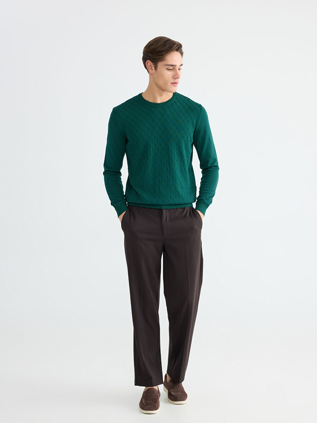 Yeşil Bisiklet Yaka Baklava Desenli Triko Erkek Kazak-1