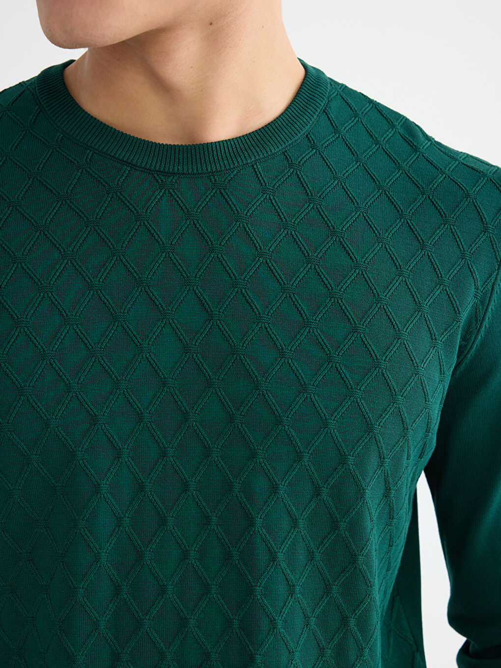 Yeşil Bisiklet Yaka Baklava Desenli Triko Erkek Kazak-2