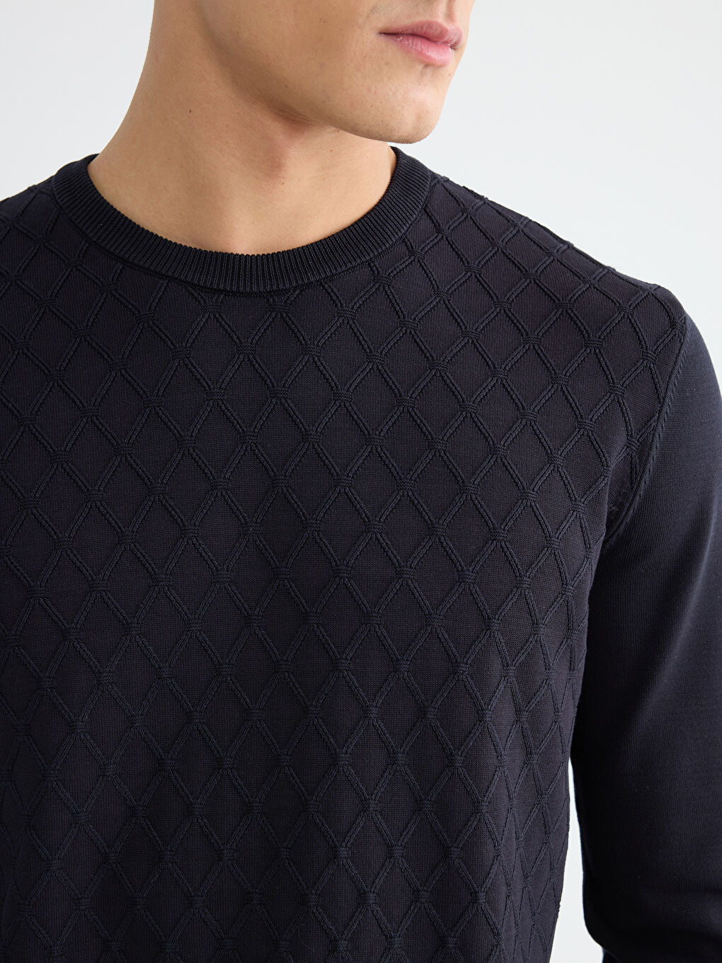 Lacivert Bisiklet Yaka Baklava Desenli Triko Erkek Kazak-2