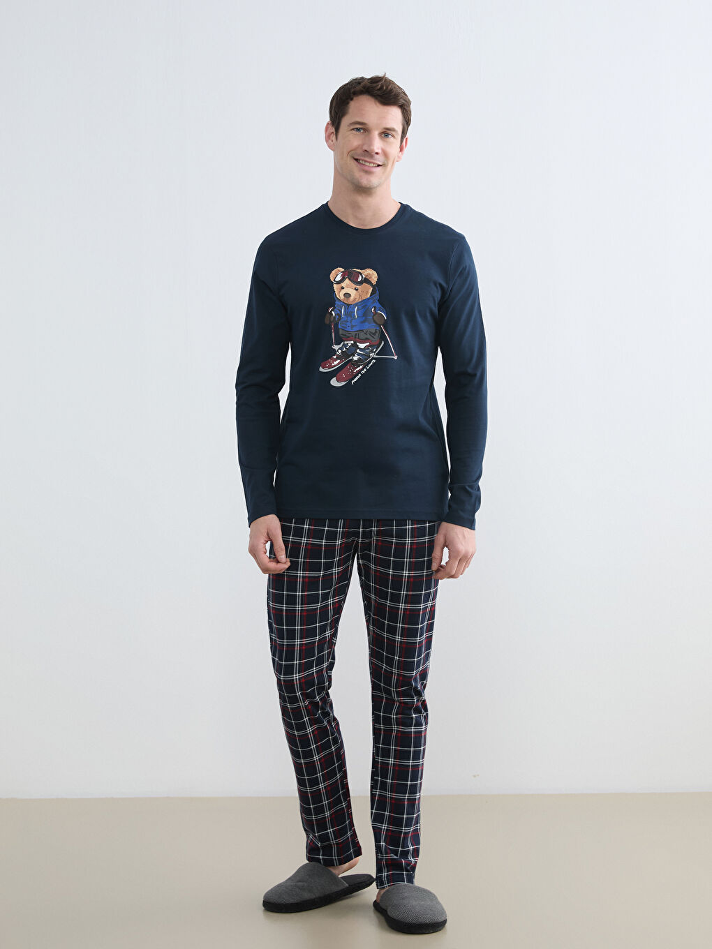 Lacivert Bisiklet Yaka Ayı Teddy Baskılı Erkek Pijama Takım