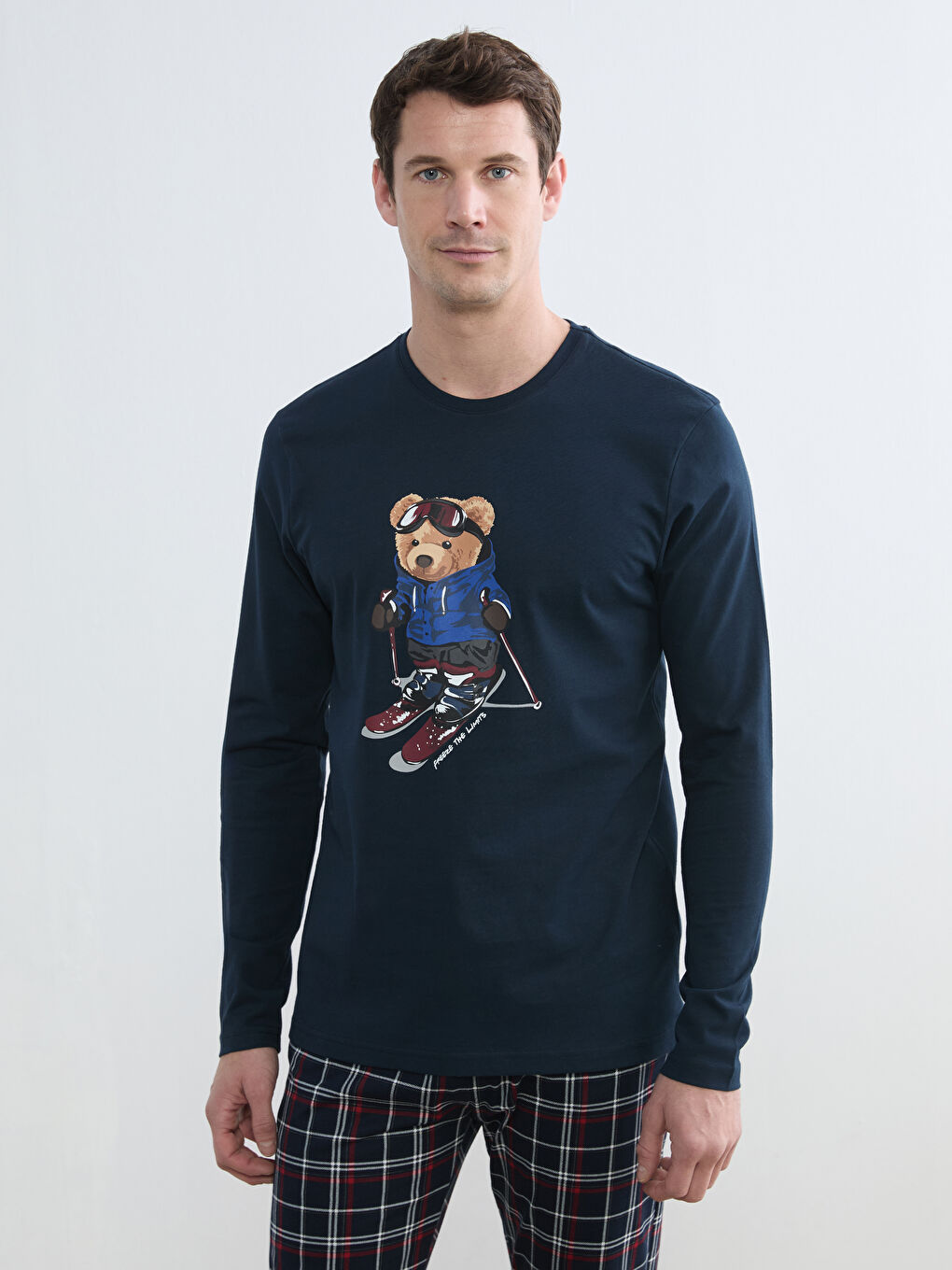 Lacivert Bisiklet Yaka Ayı Teddy Baskılı Erkek Pijama Takım-1