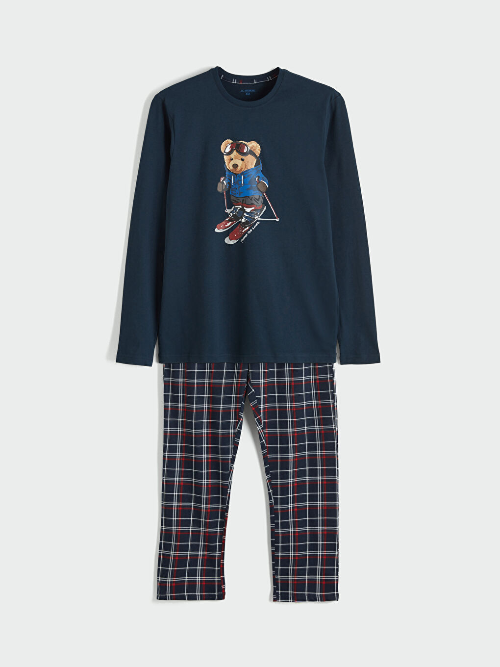 Lacivert Bisiklet Yaka Ayı Teddy Baskılı Erkek Pijama Takım