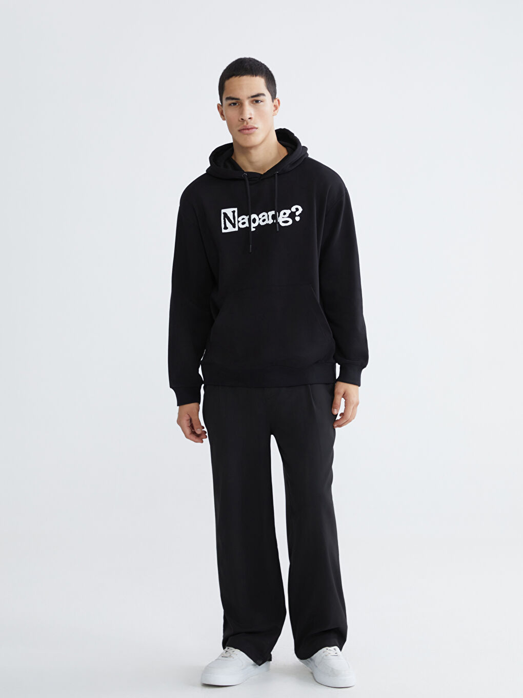 Siyah Uzun Kollu Baskılı Kalın Erkek Hoodie-1