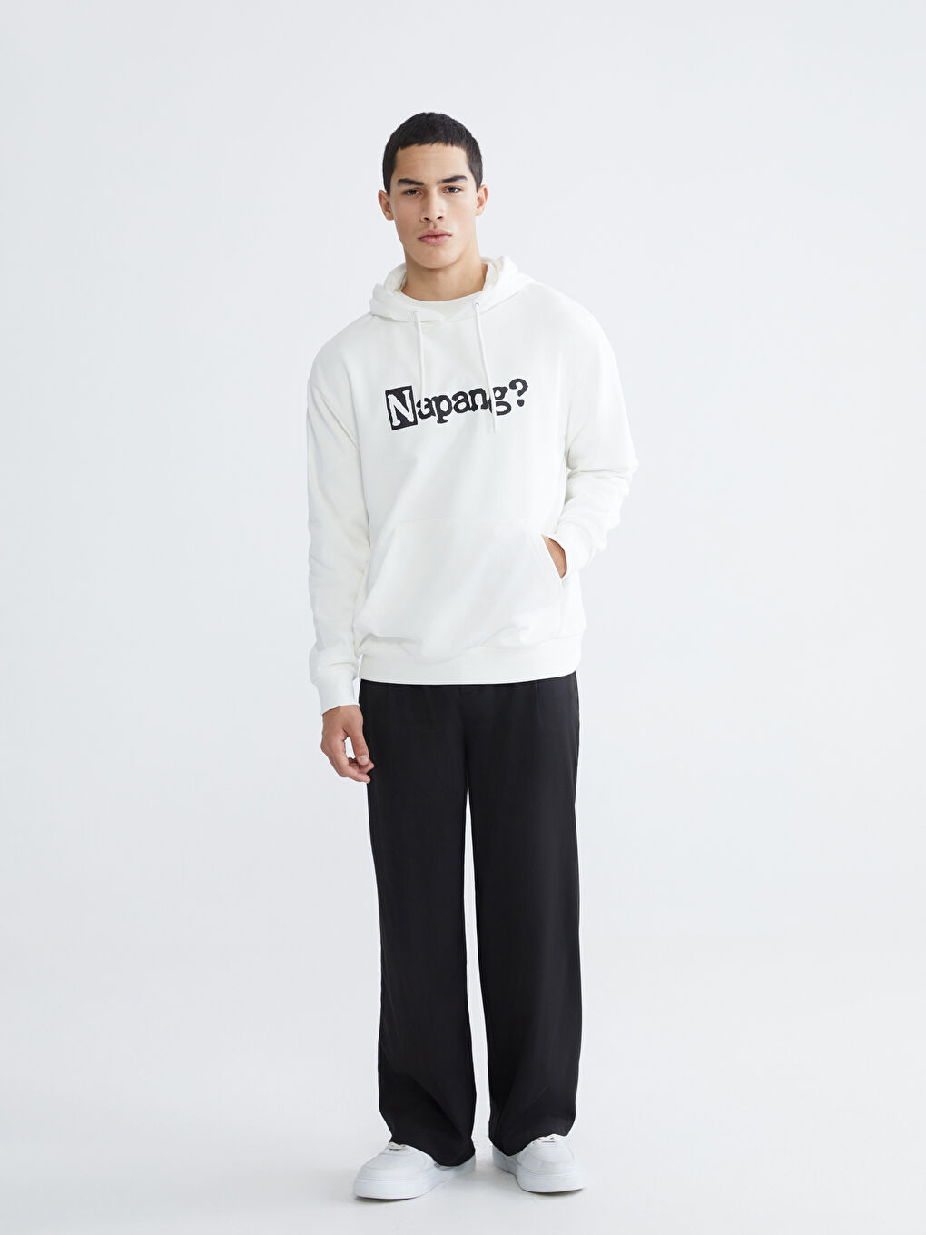 Ekru Uzun Kollu Baskılı Kalın Erkek Hoodie-1