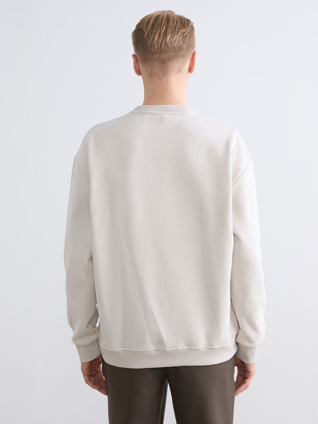 Bej Bisiklet Yaka Baskılı Erkek Kalın Sweatshirt-3