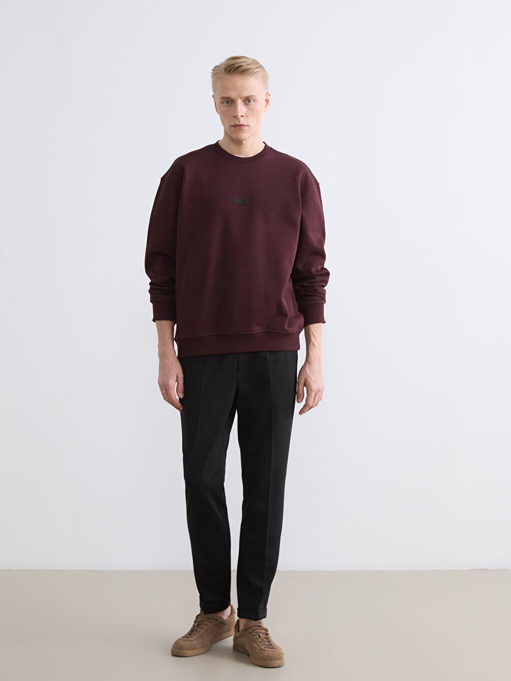 Bordo Bisiklet Yaka Baskılı Erkek Kalın Sweatshirt-1