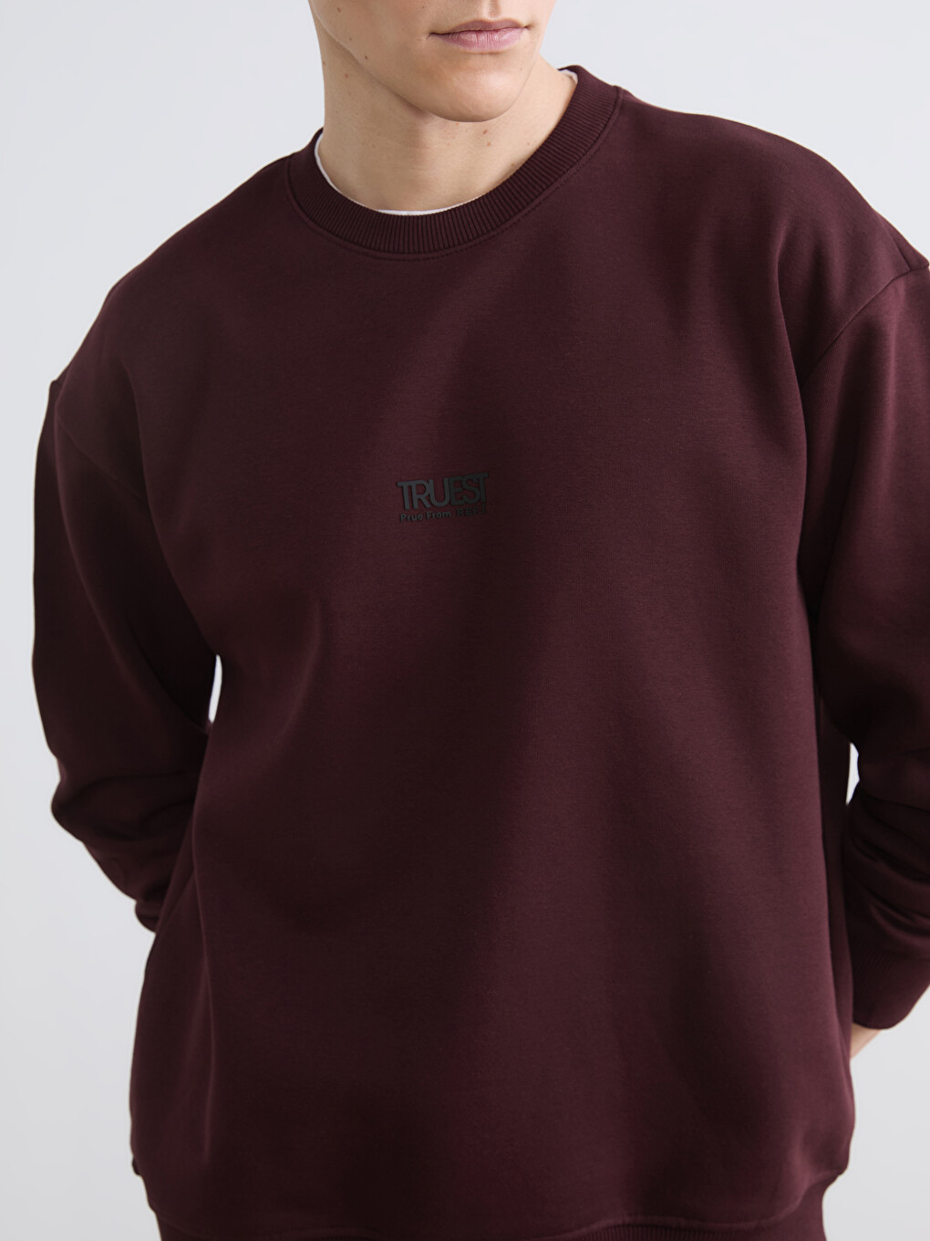 Bordo Bisiklet Yaka Baskılı Erkek Kalın Sweatshirt-2