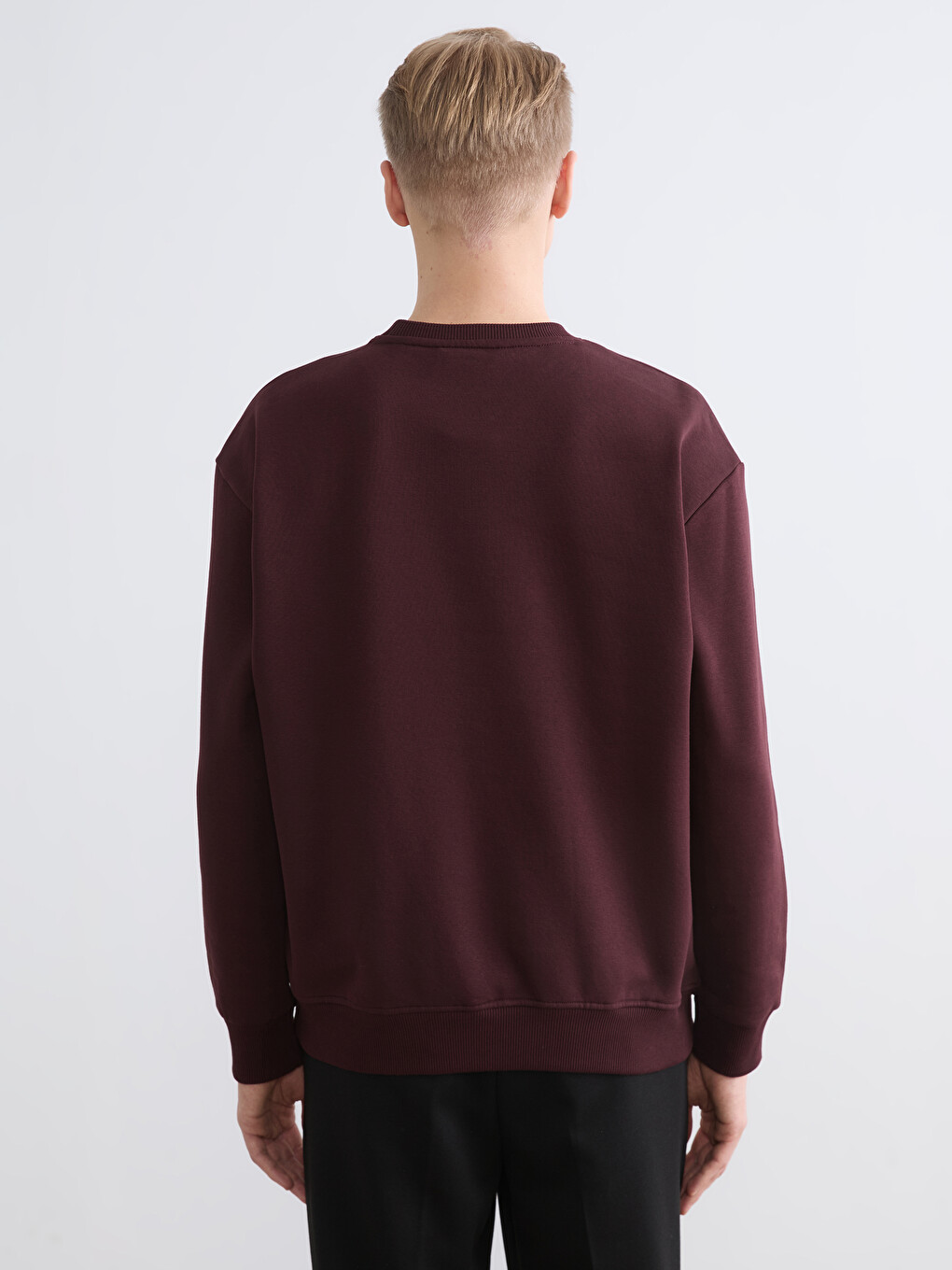 Bordo Bisiklet Yaka Baskılı Erkek Kalın Sweatshirt-3