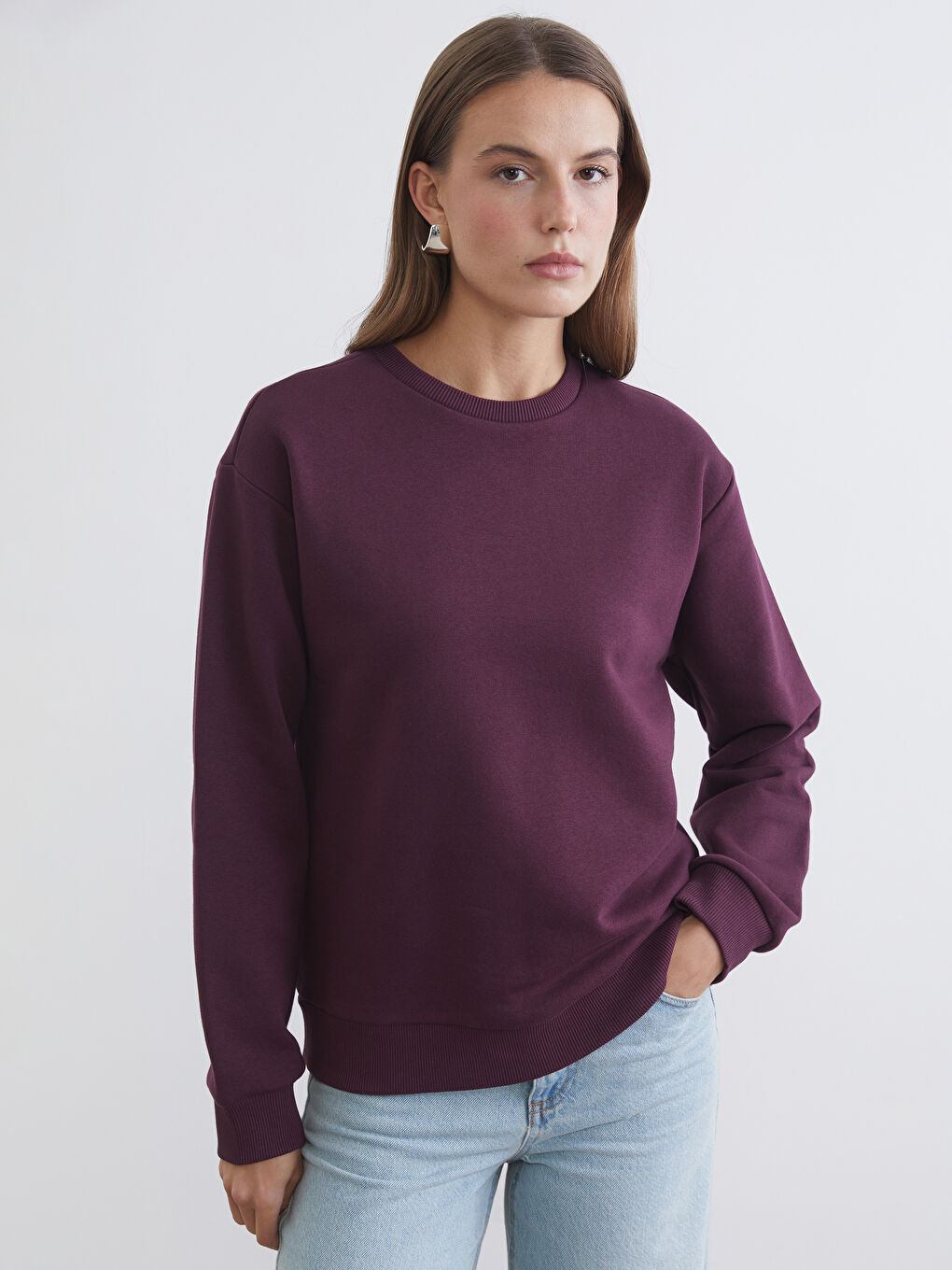 Mürdüm Bisiklet Yaka Kadın Kalın Sweatshirt