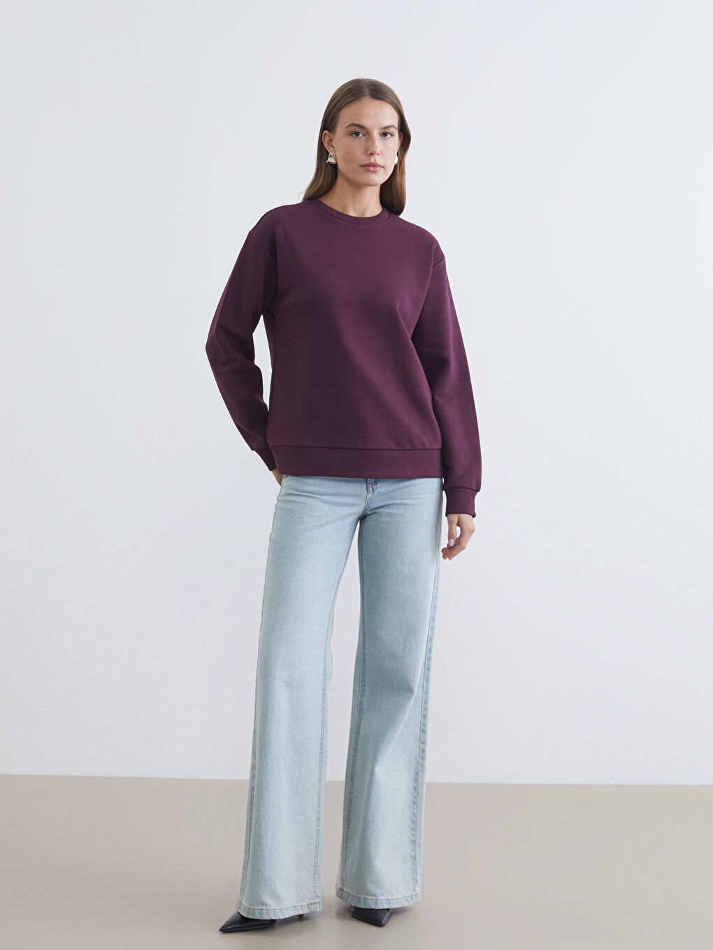 Mürdüm Bisiklet Yaka Kadın Kalın Sweatshirt-1