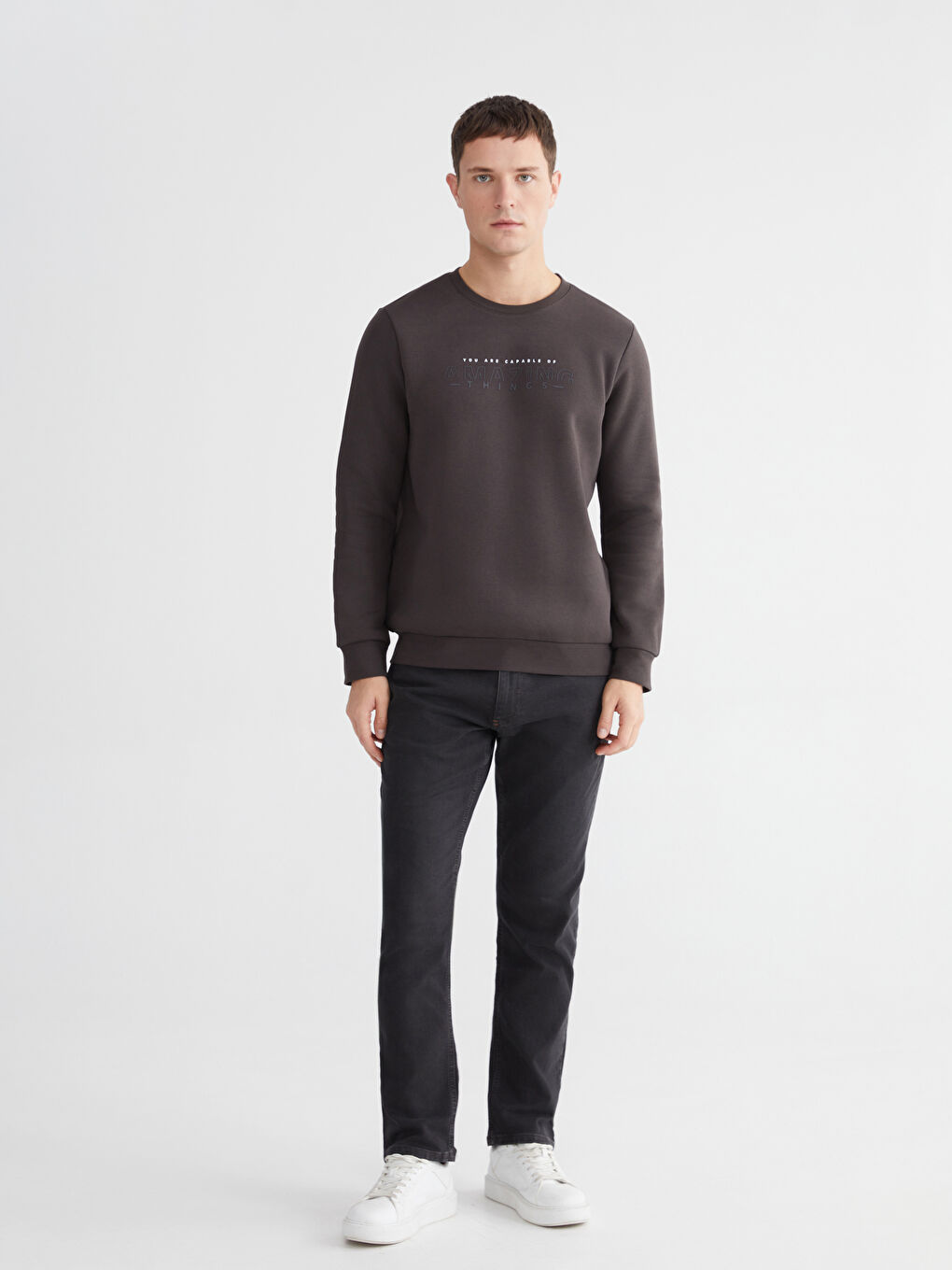 Kahverengi Bisiklet Yaka Baskılı Erkek Kalın Sweatshirt-1